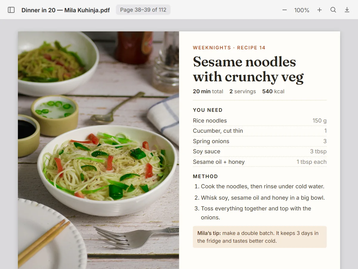 A recipe e-book open on a page spread: a noodle dish photo and the recipe